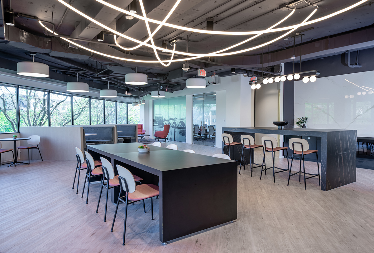 TechoLED Flex Series: A seamless, diode-free rope light that bends and weaves in 3D space. Available in pliable or non-pliable versions for indoor use. In this case in a modern office